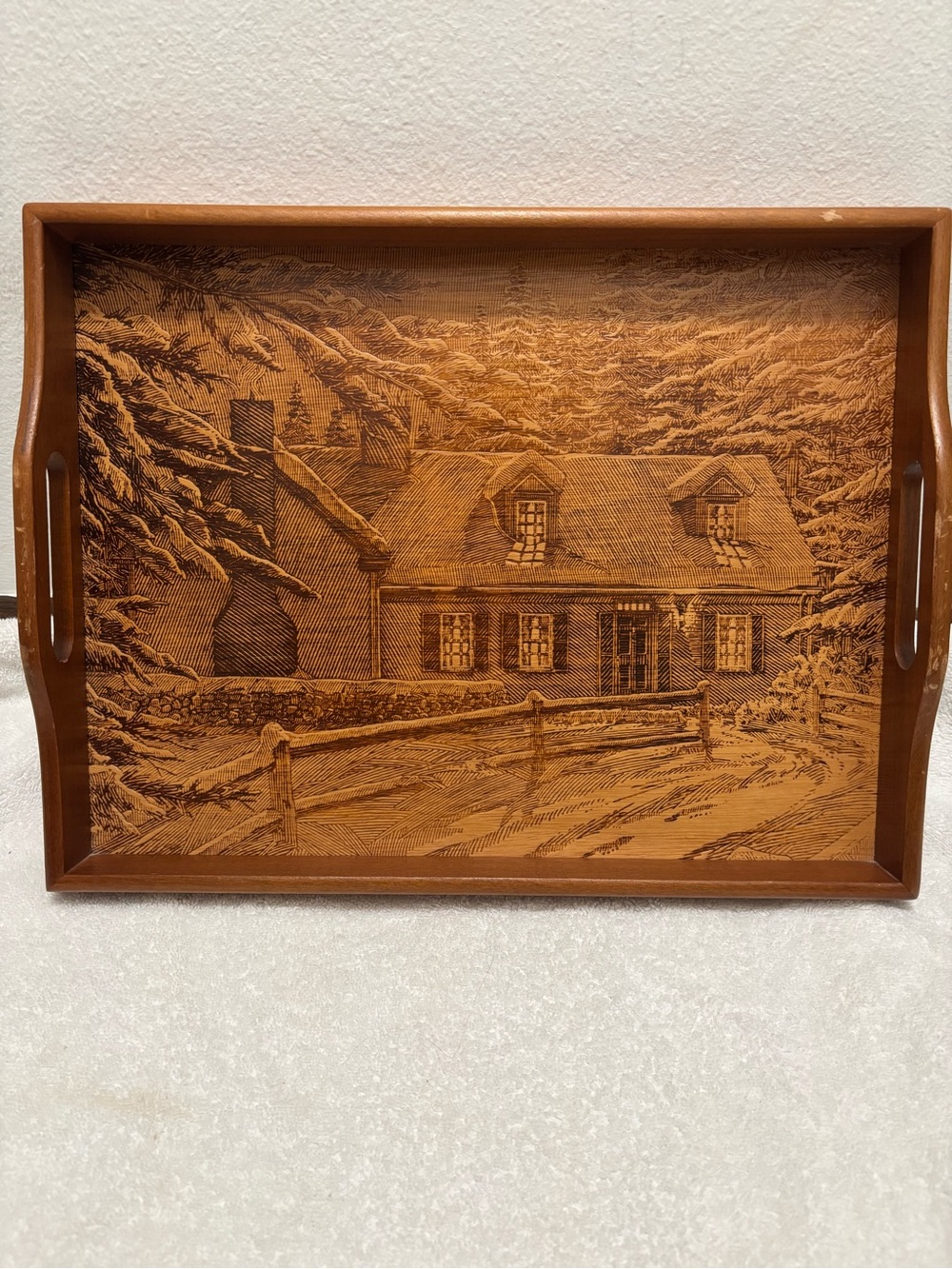 Vintage house of Lloyd Wooden Serving Tray with Etched Cottage Scene - Brown